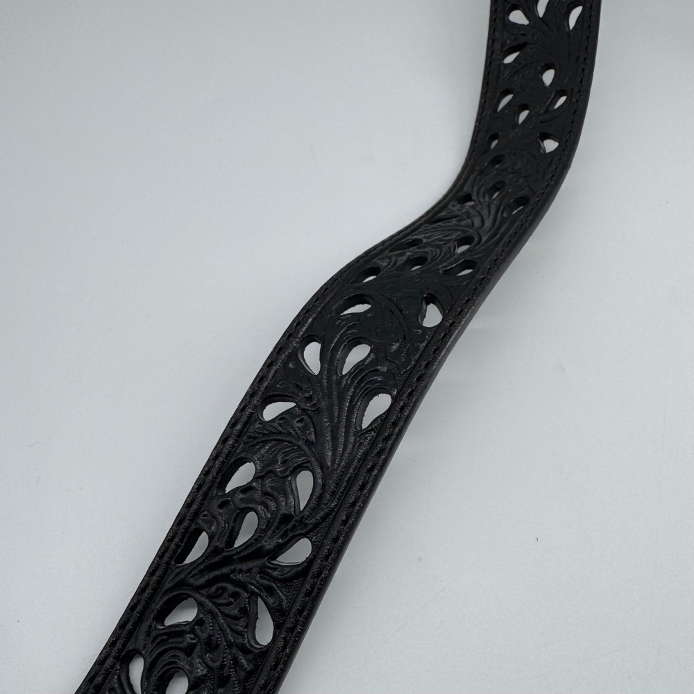 Tony Lama Size 34 Ornate Silver Scroll Buckle Black Cutout Western Belt - Picture 4 of 10